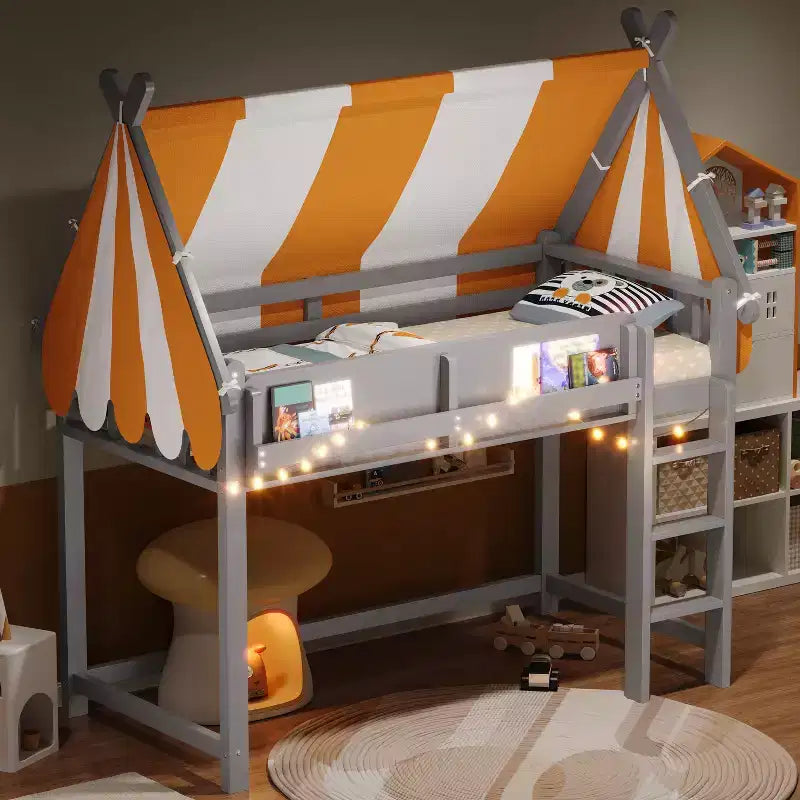 Letto a soppalco matrimoniale/doppio con tetto e tettuccio, letto a casetta in legno con luci a LED e libreria per cameretta di bambini e bambine