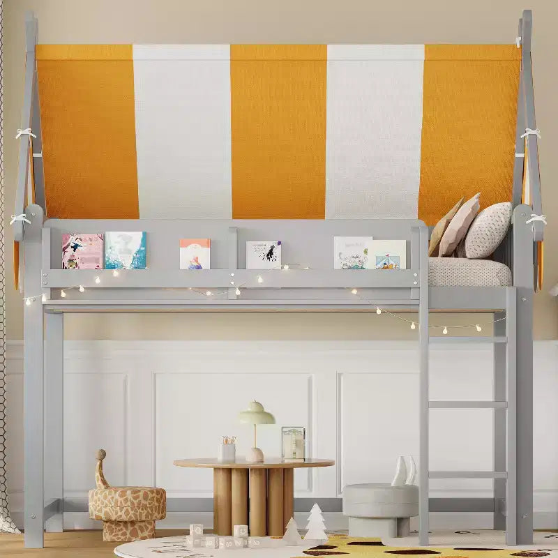 Letto a soppalco matrimoniale/doppio con tetto e tettuccio, letto a casetta in legno con luci a LED e libreria per cameretta di bambini e bambine