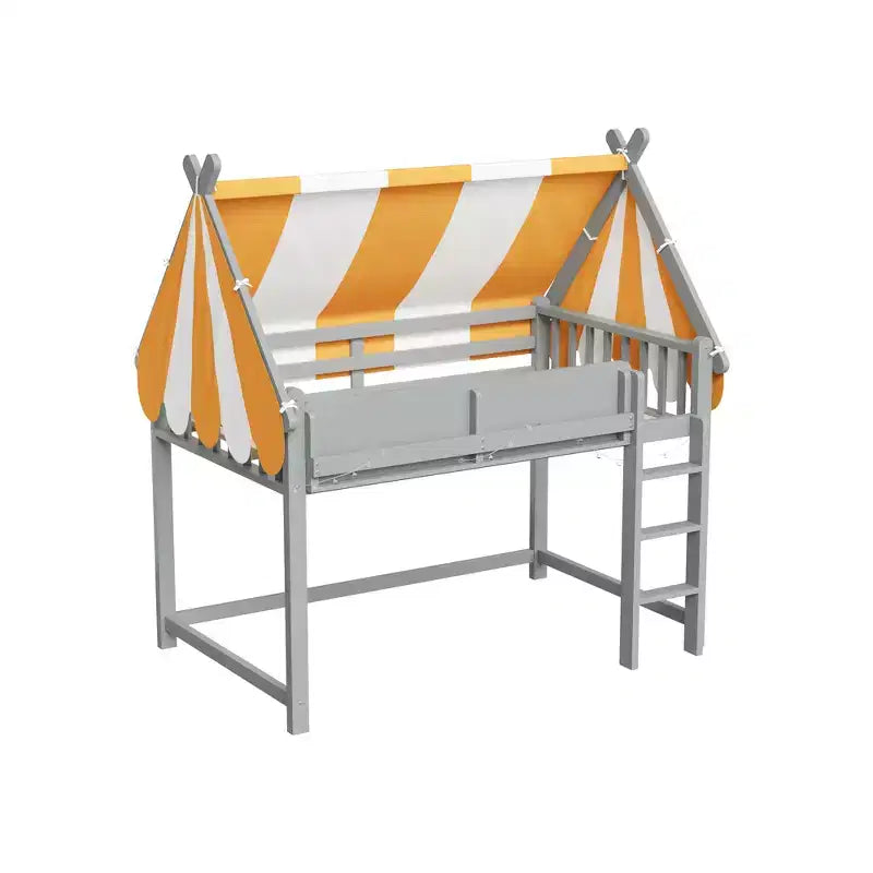 Letto a soppalco matrimoniale/doppio con tetto e tettuccio, letto a casetta in legno con luci a LED e libreria per cameretta di bambini e bambine