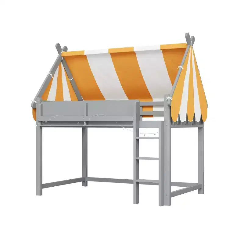 Letto a soppalco matrimoniale/doppio con tetto e tettuccio, letto a casetta in legno con luci a LED e libreria per cameretta di bambini e bambine