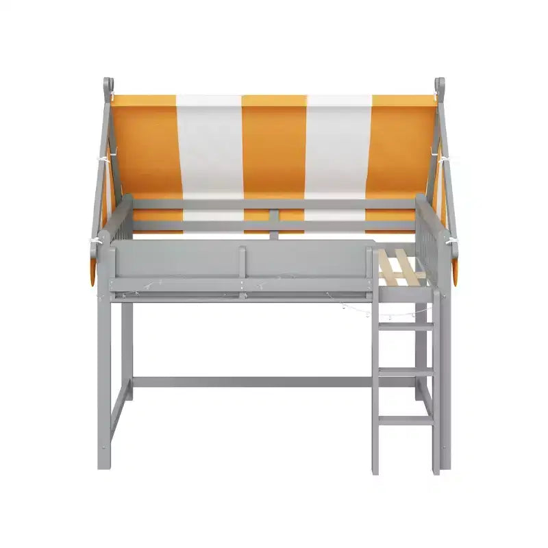 Letto a soppalco matrimoniale/doppio con tetto e tettuccio, letto a casetta in legno con luci a LED e libreria per cameretta di bambini e bambine