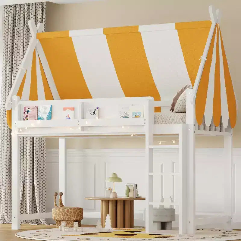 Letto a soppalco matrimoniale/doppio con tetto e tettuccio, letto a casetta in legno con luci a LED e libreria per cameretta di bambini e bambine