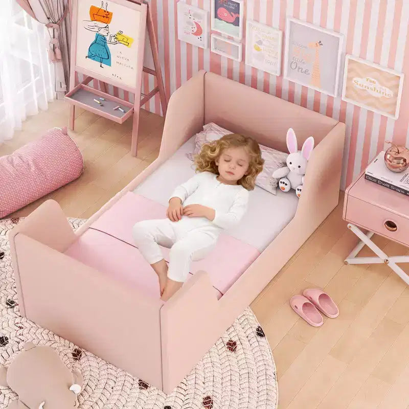 Letto per bambini a pavimento imbottito in morbido tessuto vellutato con spondine di sicurezza e testiera grigio/rosa