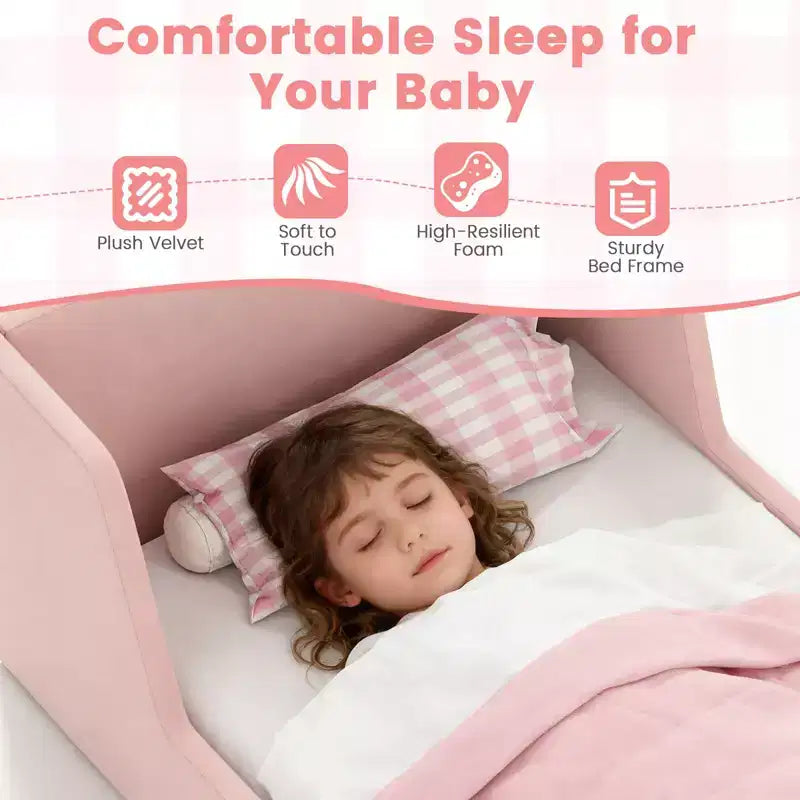 Letto per bambini a pavimento imbottito in morbido tessuto vellutato con spondine di sicurezza e testiera grigio/rosa