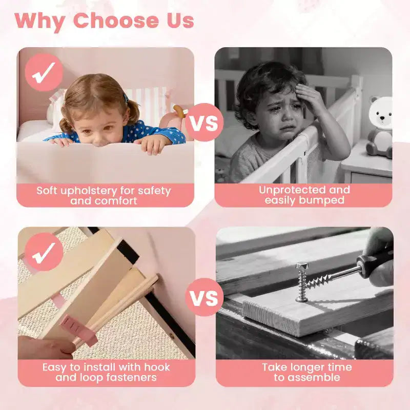 Letto per bambini a pavimento imbottito in morbido tessuto vellutato con spondine di sicurezza e testiera grigio/rosa