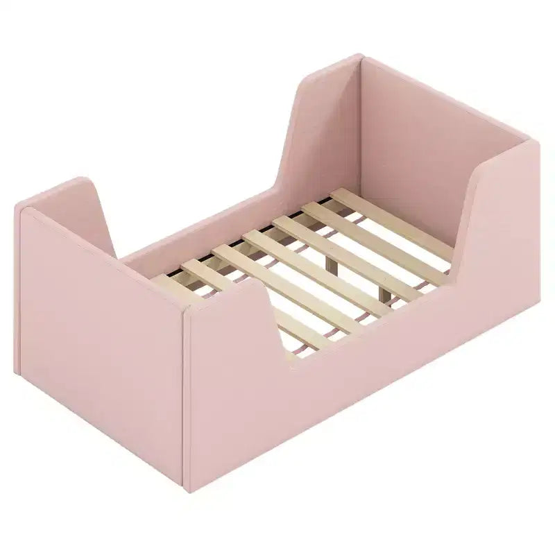Letto per bambini a pavimento imbottito in morbido tessuto vellutato con spondine di sicurezza e testiera grigio/rosa