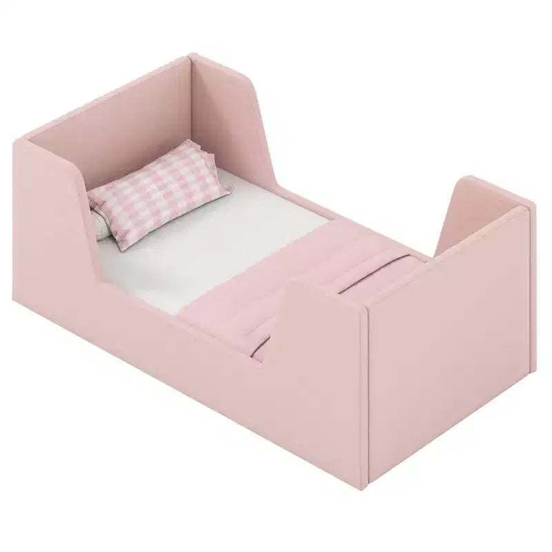 Letto per bambini a pavimento imbottito in morbido tessuto vellutato con spondine di sicurezza e testiera grigio/rosa