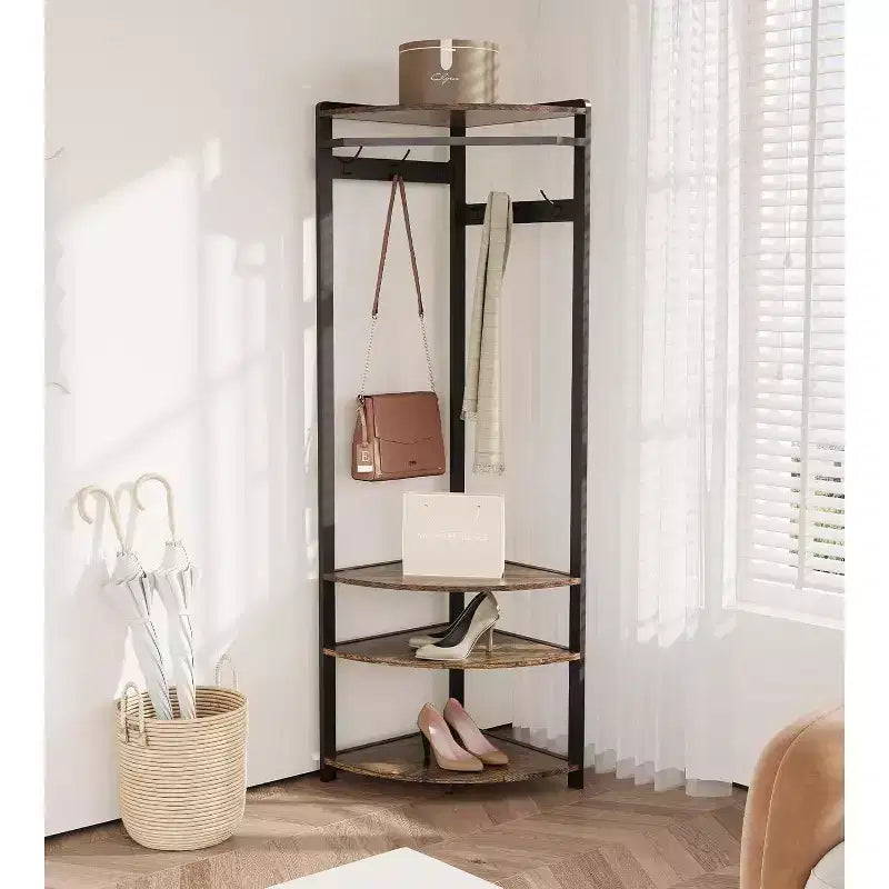 Appendiabiti ad Angolo con Contenitore, Appendiabiti da Ingresso con 6 Ganci Doppi, Albero Appendiabiti da Angolo con Organizer, per Corridoio, Armadio