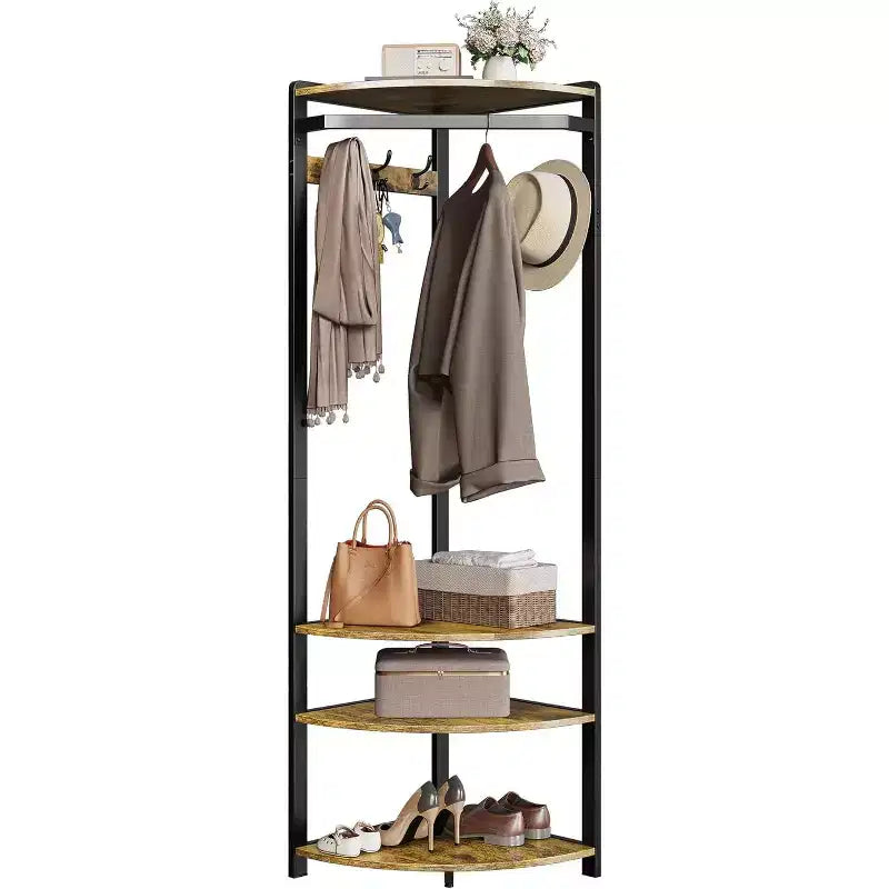 Corner Coat Rack with Storage, Entryway Coat Rack with 6 Double Hooks, Corner Hall Tree with Organizer, for Hallway, Closet