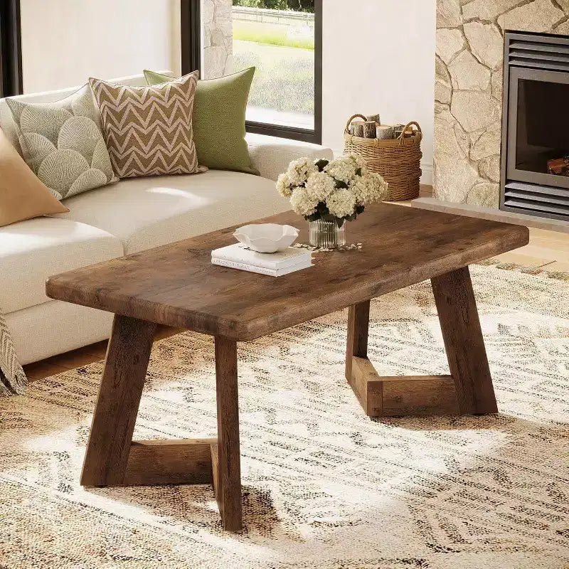 Tavolino da caffè, Tavolino da centro in stile rustico con gambe a V, Tavoli rettangolari da soggiorno da 120 x 60 cm, Facile da montare, Marrone rustico