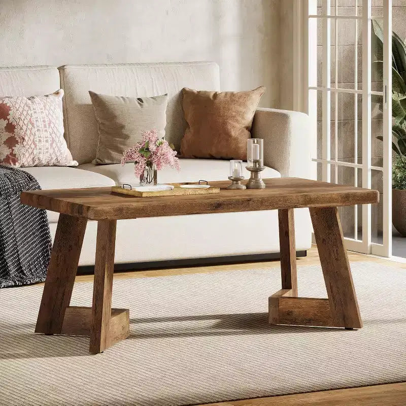 Tavolino da caffè, Tavolino da centro in stile rustico con gambe a V, Tavoli rettangolari da soggiorno da 120 x 60 cm, Facile da montare, Marrone rustico