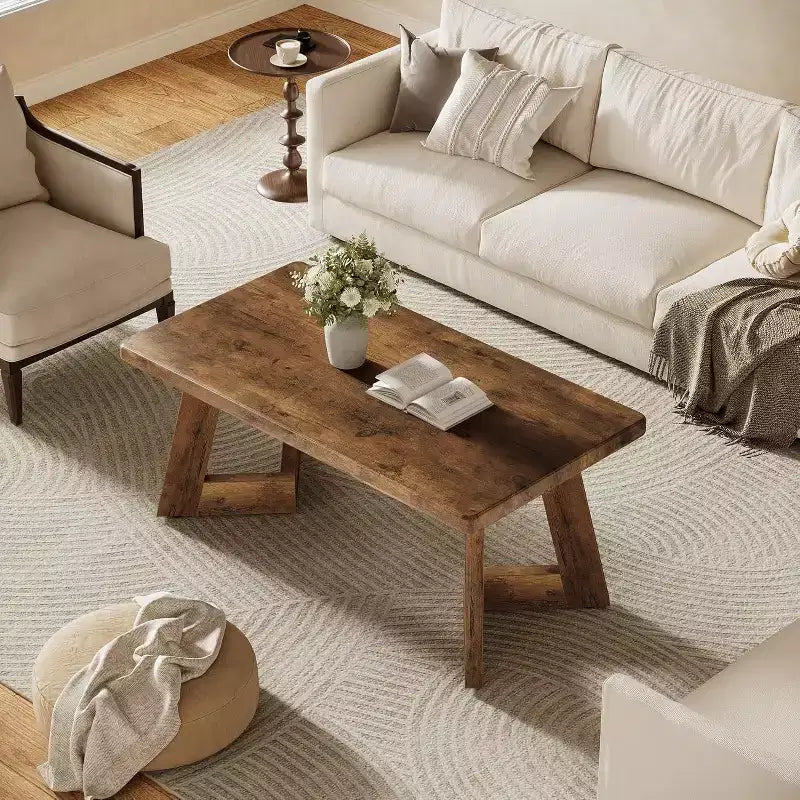 Tavolino da caffè, Tavolino da centro in stile rustico con gambe a V, Tavoli rettangolari da soggiorno da 120 x 60 cm, Facile da montare, Marrone rustico