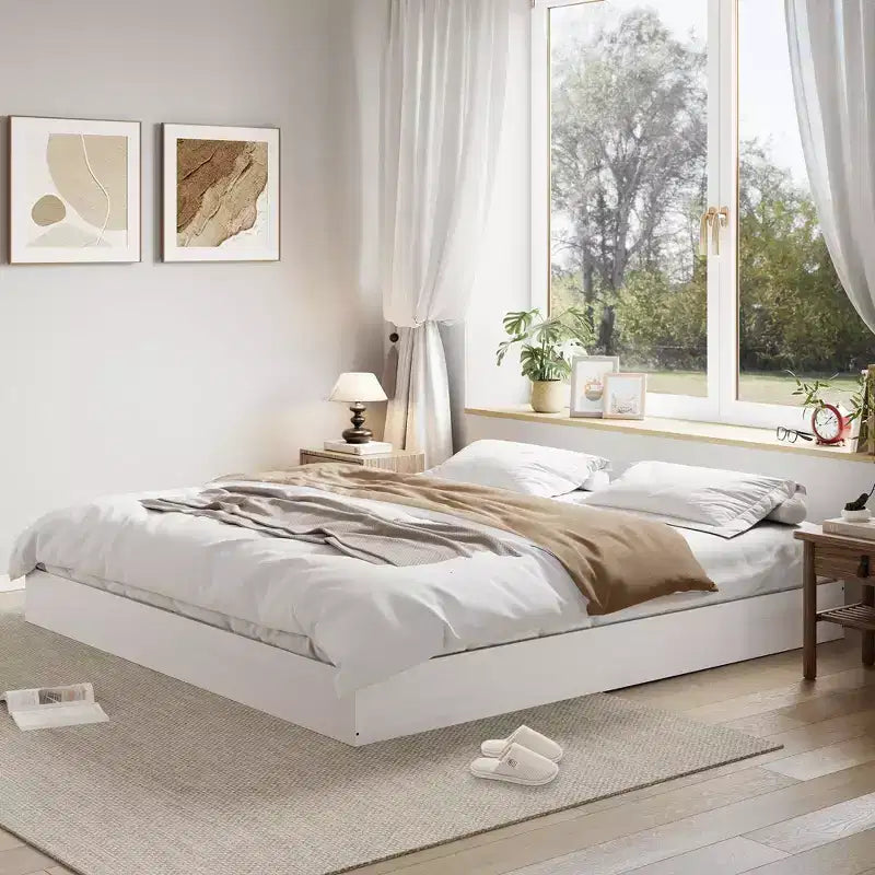 Struttura letto a piattaforma in legno King Size con supporto a doghe, senza testiera, design senza rete, autoportante, finitura noce