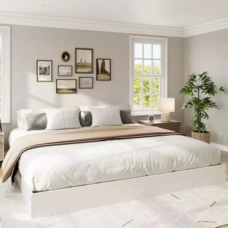 Struttura letto a piattaforma in legno King Size con supporto a doghe, senza testiera, design senza rete, autoportante, finitura noce