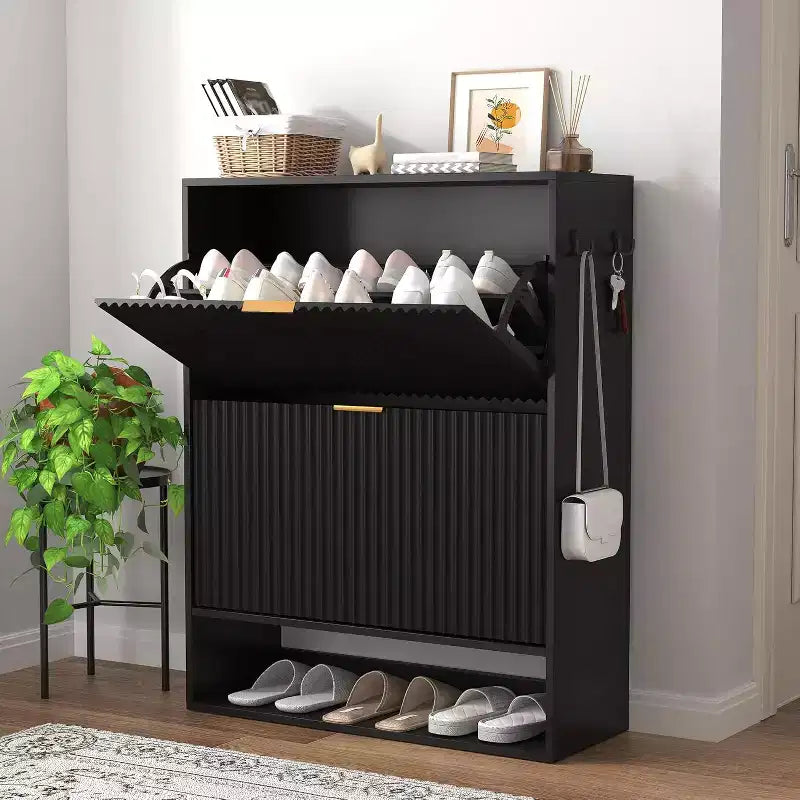 Fluted Shoe Cabinet Storage for Entryway with 2 Flip Drawers & Bottom Open Shelf, Narrow Shoe Rack Cabinet with Side Hooks, Slim Shoe Cabinet