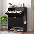 Fluted Shoe Cabinet Storage for Entryway with 2 Flip Drawers & Bottom Open Shelf, Narrow Shoe Rack Cabinet with Side Hooks, Slim Shoe Cabinet