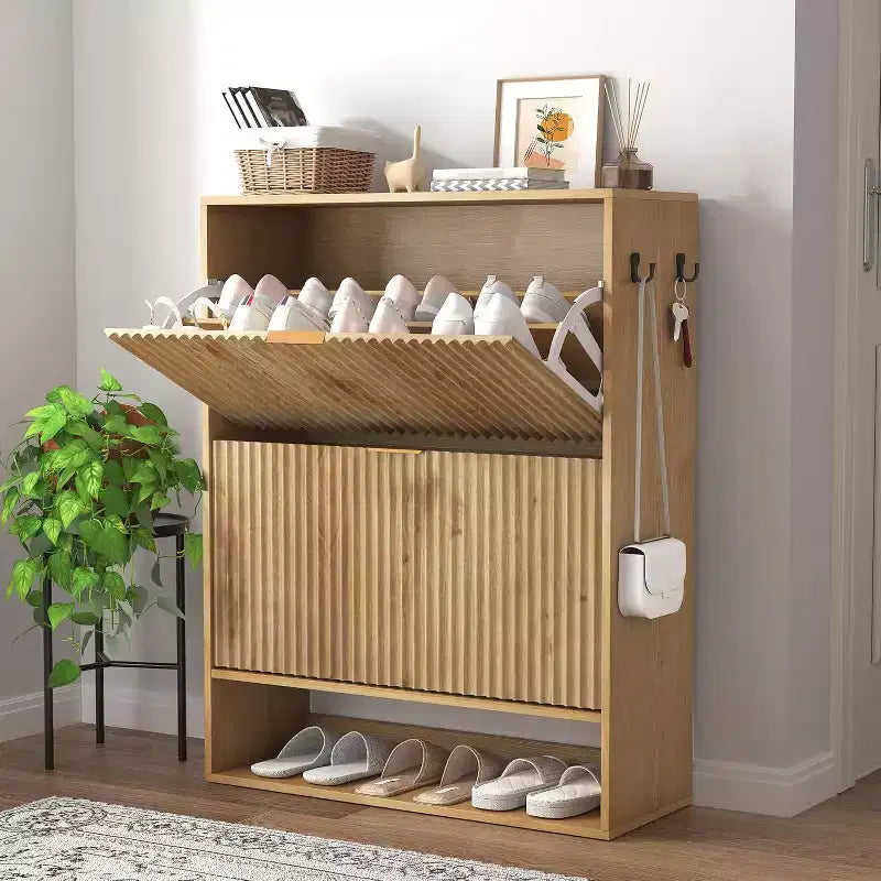 Scarpiera scanalata per ingresso con 2 cassetti a ribalta e ripiano inferiore aperto, scarpiera stretta con ganci laterali, scarpiera sottile