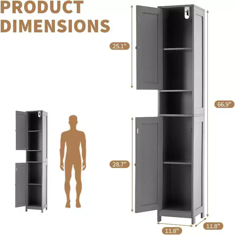 Armadietto Contenitore Autoportante Alto 170 cm, Ante Doppie Resistenti all'Acqua, Ripiani Regolabili, Organizer per Bagno o Cucina