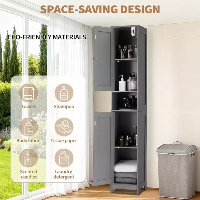 Armadietto Contenitore Autoportante Alto 170 cm, Ante Doppie Resistenti all'Acqua, Ripiani Regolabili, Organizer per Bagno o Cucina
