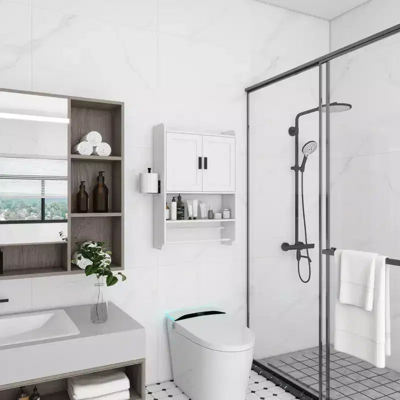 Mobiletto pensile da bagno sumyeg con ante, ripiano regolabile, portasciugamani e porta carta igienica