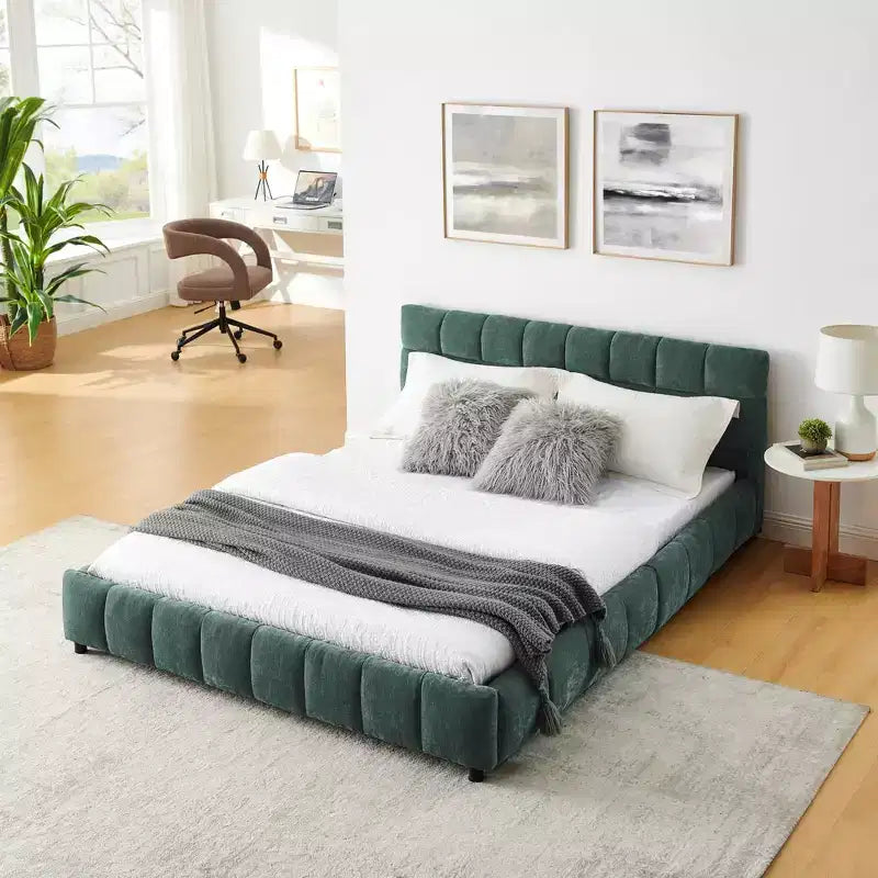 Letto imbottito Queen Size con testiera in tessuto ciniglia, struttura letto robusta con cassetti, per camera da letto, blu verde