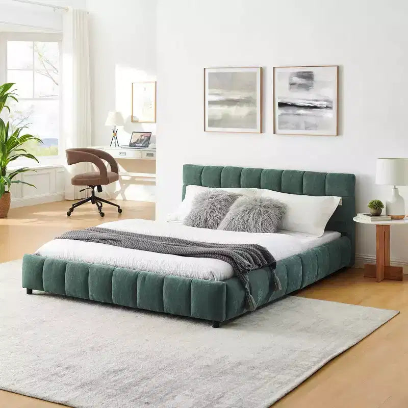 Letto imbottito Queen Size con testiera in tessuto ciniglia, struttura letto robusta con cassetti, per camera da letto, blu verde
