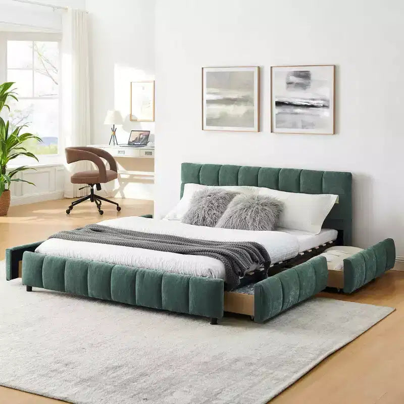 Letto imbottito Queen Size con testiera in tessuto ciniglia, struttura letto robusta con cassetti, per camera da letto, blu verde