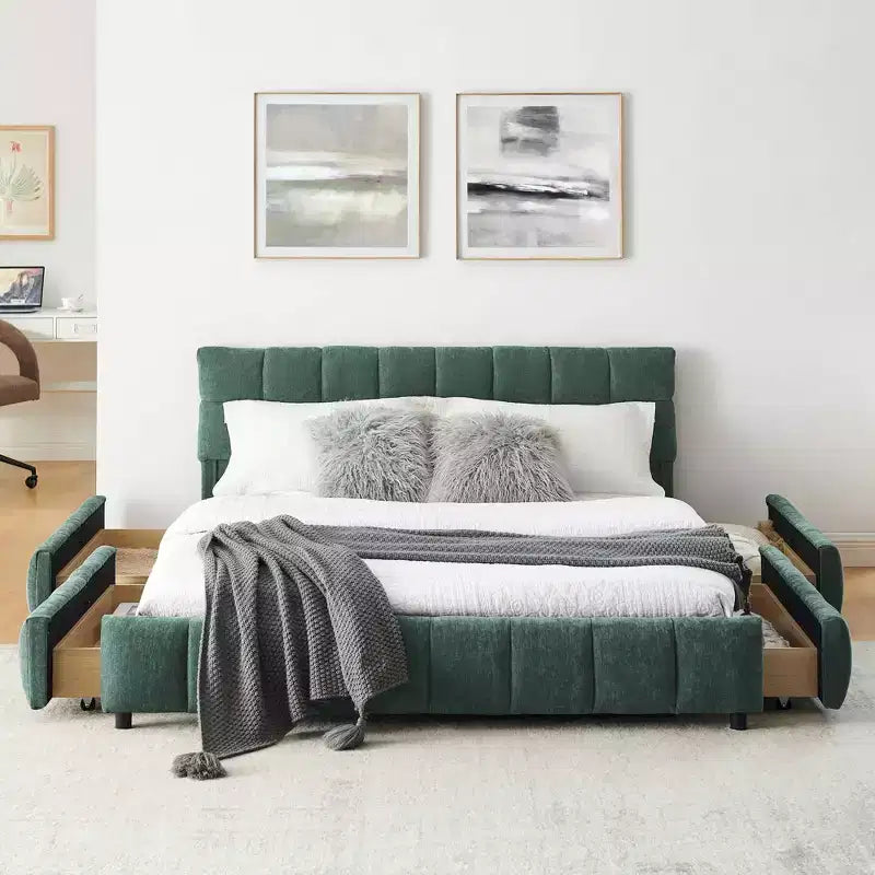 Letto imbottito Queen Size con testiera in tessuto ciniglia, struttura letto robusta con cassetti, per camera da letto, blu verde
