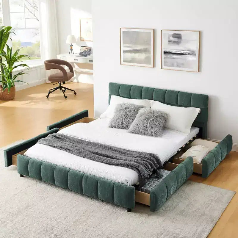 Letto imbottito Queen Size con testiera in tessuto ciniglia, struttura letto robusta con cassetti, per camera da letto, blu verde