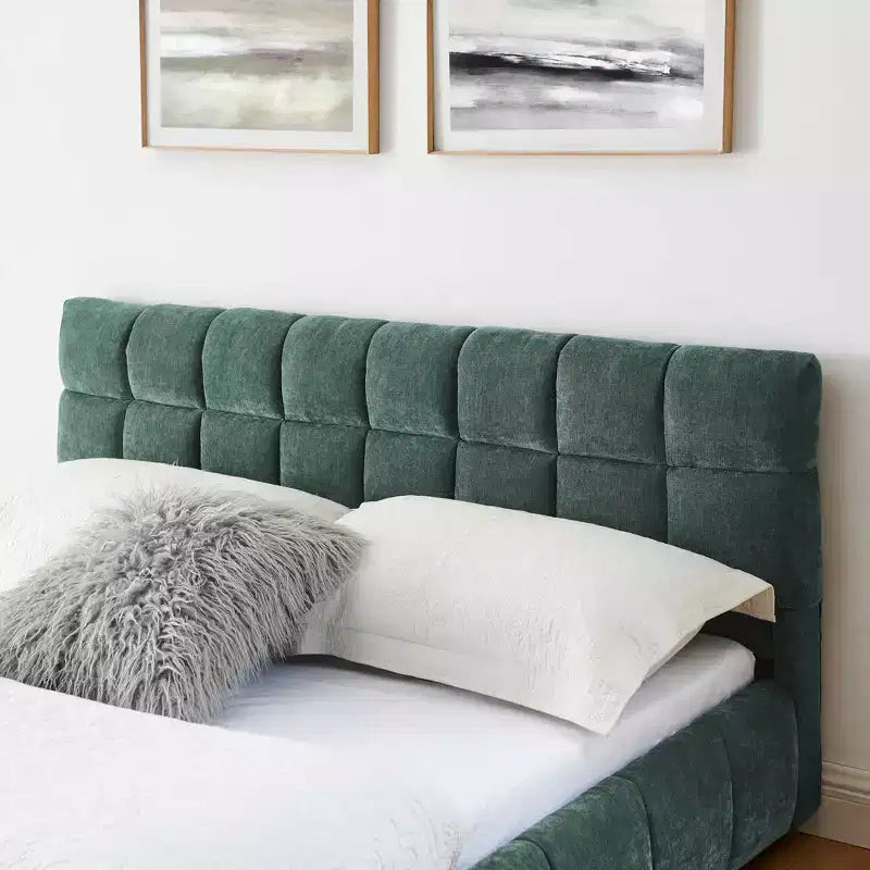 Letto imbottito Queen Size con testiera in tessuto ciniglia, struttura letto robusta con cassetti, per camera da letto, blu verde