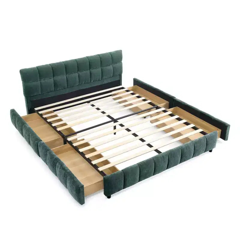 Letto imbottito Queen Size con testiera in tessuto ciniglia, struttura letto robusta con cassetti, per camera da letto, blu verde