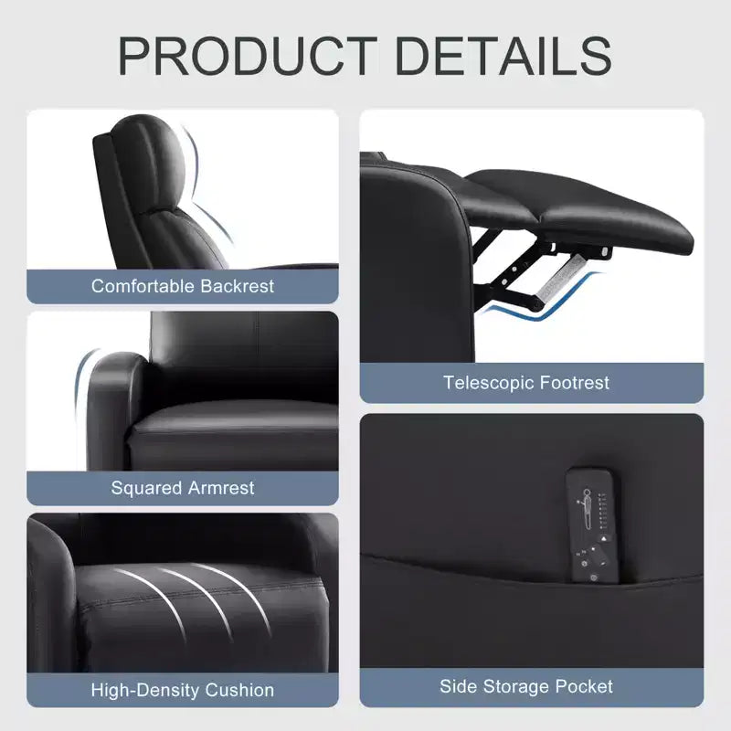 Recliner Chair with Side Pockets, Adjustable 90 to 160, & High-Resilience Sponge