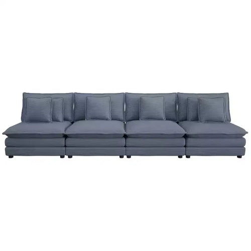 141.6 Modern Modular Sofa Upholsteres Corduroy with Four Pillows for Living Room Blue